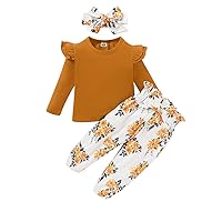YALLET 3Pcs Toddler Girl Clothes,Solid Color Long Sleeves Ruffle Top+ Floral Pant +Floral Headband