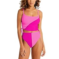 Women's 2 Piece Swimsuit Scoop Neck Ribbed Drawstring Ruched Crop Top High Waisted Bikini Sets Bathing Suit