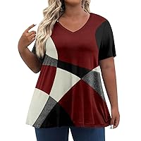 V Neck Work Printed Oversized Top for Women Polyester Print Trendy Short Sleeve Top Comfortable Shirts Women Red