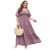Women's Dress Dresses for Women Plus 1pc Butterfly Sleeve Shirred Maxi Dress (Color : Mauve Purple, Size : X-Large)