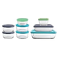 Anchor Hocking 16 Piece Glass Storage Containers with Lids (8 Glass Food Storage Containers & 8 Mixed Blue SnugFit Lids)
