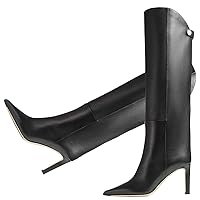 LEHOOR Women Stiletto High Heel Knee High Boots Pointed Toe Wide Calf Boots Pull On Suede 3