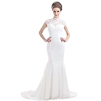 Ivory Lace Mermaid Illusion Neckline Wedding Dress With Cap Sleeves