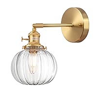 Vintage Wall Sconces with Transparent Pumpkin Shape Glass Lampshade 180 Degree Adjustable Brass Sconces Modern Wall Lighting Fixture with Switch for Bedside Bedroom Doorway