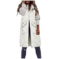 Women's Hooded Puffer Vest Zipper Cardigan Casual Solid Color Sleeveless Warm Comfy Winter Long Coats with Pockets