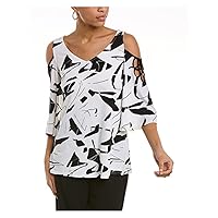 Vince Camuto Womens Ivory Cut Out Cold Shoulder Unlined Printed Bell Sleeve V Neck Blouse XXS