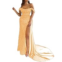 Spark Shine Mermaid Prom Party Dresses Overskirt Off The Shoulder Evening Gown with Split