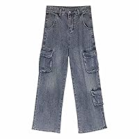 Womens Jeans Cargo Pants Parachute High Waist Wide Leg Pants Fashion Y2K Teen Girls Baggy Hiking Denim Jogger Pants