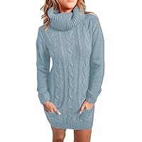 Sale Clearance Women's High Neck Sweater Pullover Dress Warm Cable Knit Mini Dress with Pocket Fashion Long Sleeve Fall Dresses Vestido Suéter Con Light Blue