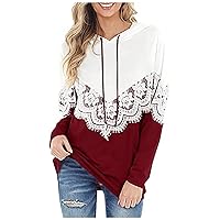 Women Lace Patchwork Hoodies Lightweight Hooded T Shirt Long Sleeve Blouses Casual Trendy Sweatshirts Pullover Top