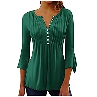 3/4 Petal Sleeve Tee Ladies Casual V-Neck Tshirt Fashion Tops Button Summer Trendy Shirt Print Blouse