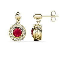 Round Lab Created Ruby & Natural Diamond 1.64 ctw Halo Drop and Dangle Earrings 14K Gold