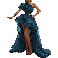 Hi-Low Organza One Shoulder Evening Dress Ruffles Pleat Prom Gown Formal Party Cocktail Dresses for Women