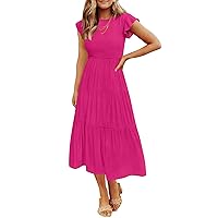 ZESICA Women's 2024 Summer Casual Flutter Short Sleeve Crew Neck Smocked Elastic Waist Tiered Midi Dress