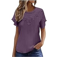 Casual Summer Tops for Women Fashionable Short Sleeved Loose Fit Cap Sleeve Pleated Round Neck Top Blouse 2024