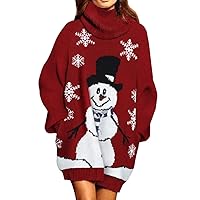 Pink Queen Women Turtleneck Loose Print Christmas Long Sweater Dress with Pockets