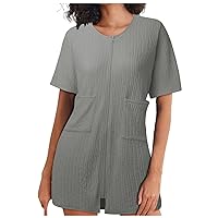 Plus Size Summer Dresses,Women Fashion Round Neck Zip Up Nightgown Short Sleeve Homewear Knit Pajamas with Poc