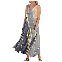Cotton Linen Dress,Summer Casual U Neck Tank Dress with Pocket Sleeveless Beach Party Cocktail Long Dress
