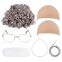 Old Lady Cosplay Set - Grandmother Wig Granny Glasses Wig Cap Eyeglass Chains (Grey #1)