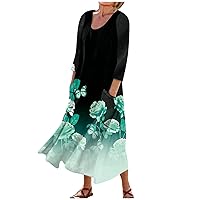 Long Summer Dress Beautiful Crew-Neck Plus Size Hem Three Quarter Sleeve Linen Flower Patterns Sundresses for Women