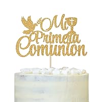 Mi Primera Comunion Cake Topper, First Holy Communion Cake Decor, for Kids Birthday Baby Shower Wedding Baptism Christening Party Decorations Supplies, Gold Glitter