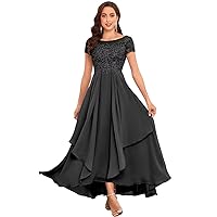 Lace Appliques Mother of The Bride Dresses for Wedding Short Sleeve Chiffon Ruffle Formal Evening Gown