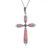 Vintage Style Spiritual Religious White Mother of Pearl Pink Rhodochrosite Blue Turquoise Gemstone Fleur De Lis Cross Pendant Necklace Western Jewelry For Women Teen Oxidized .925 Sterling Silver