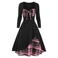 Satin Slip Dress,Women Sexy Vintage Casual Plaid Print Gothic Dress Waist Contrast Splicing Double Breasted Dre