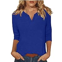 Three Quarter Sleeve Tops Woman V Neck Solid Color Tunic Tshirts 2024 Fashion Loose Fit Tee Blouse