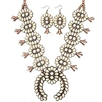 Wesetern Squash Blossom Statement Necklace and Earrings Set Western Navajo (White)
