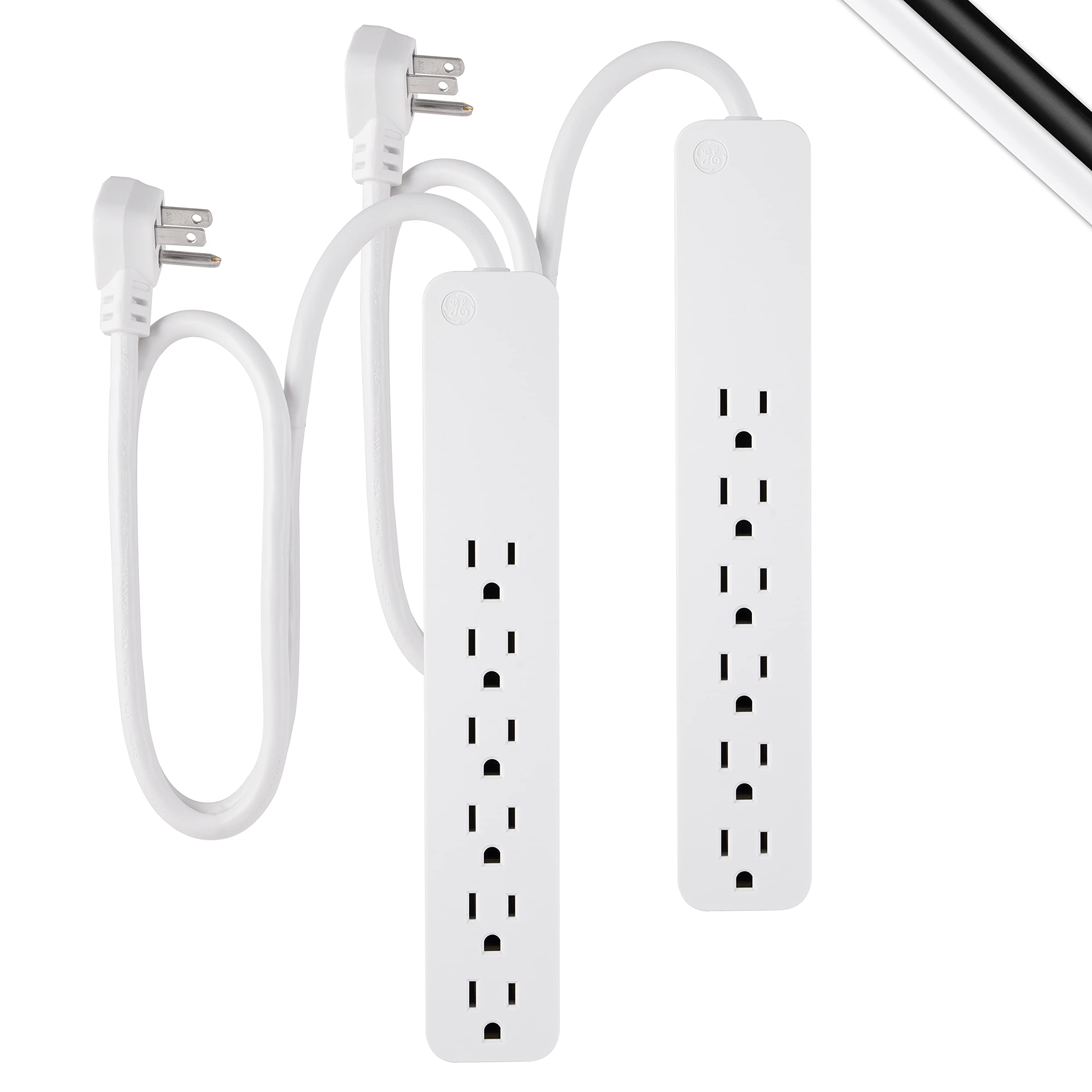 GE Pro 6-Outlet Surge Protector 2 Pack, 2 Ft Extension Cord, White, 46867 & 6-Outlet Surge Protector, 4 Ft Extension Cord, Power Strip, 800 Joules, Flat Plug, Twist-to-Close Safety Covers, White