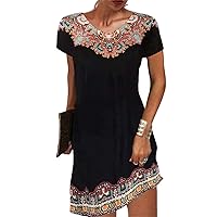 Women's Round Neck Short Sleeve Mexican Dress Floral Embroidered Tshirt Dress Ethnic Boho Midi Dresses