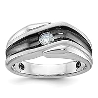 9.35mm 14k White Gold With Black Rhodium Mens Polished Satin and Grooved Solitaire 1/5 Carat Diamond Jewelry Gifts for Men
