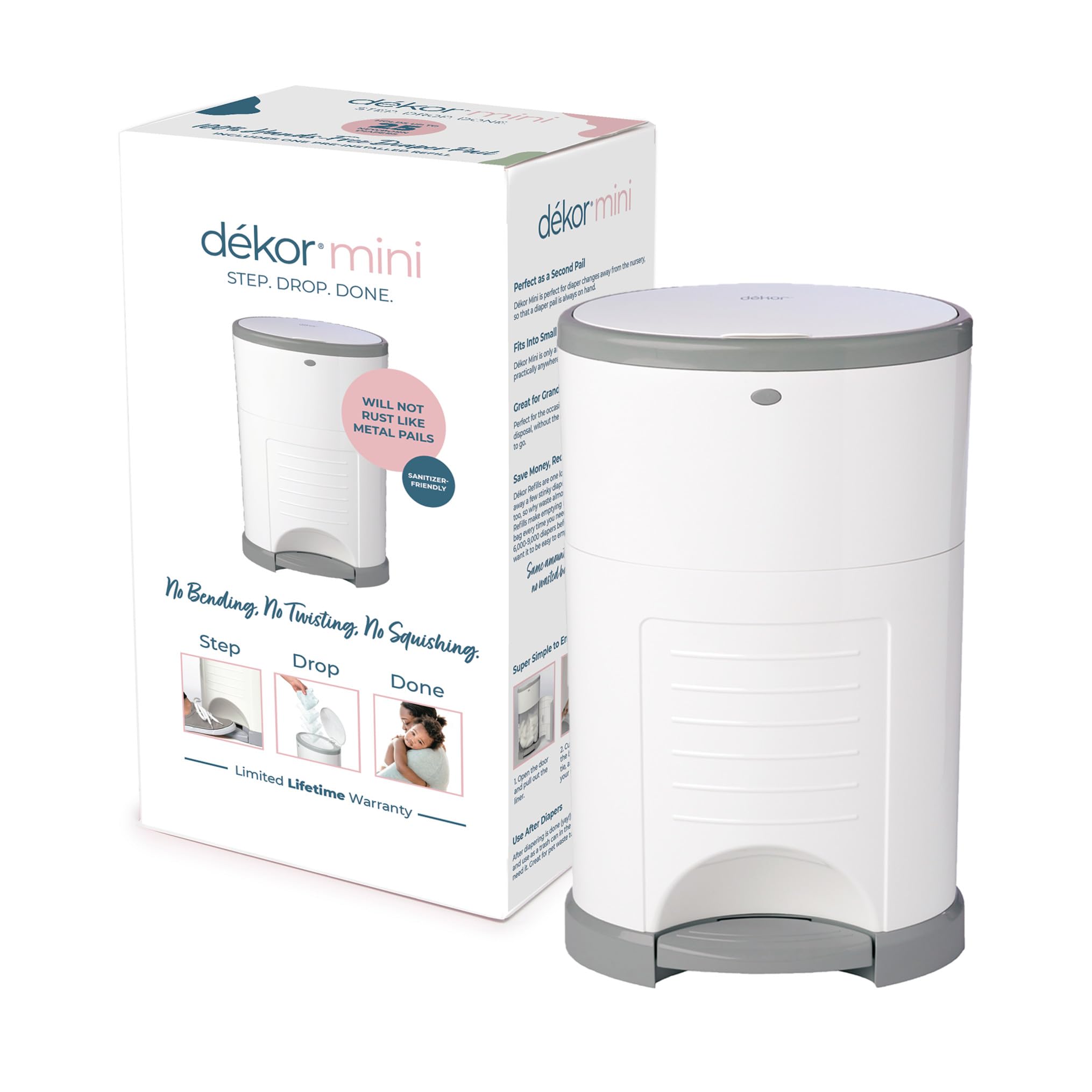 Dekor Mini Hands-Free Diaper Pail | White | Easiest to Use | Just Step – Drop – Done | Doesn’t Absorb Odors | 20 Second Bag Change | Most Economical Refill System