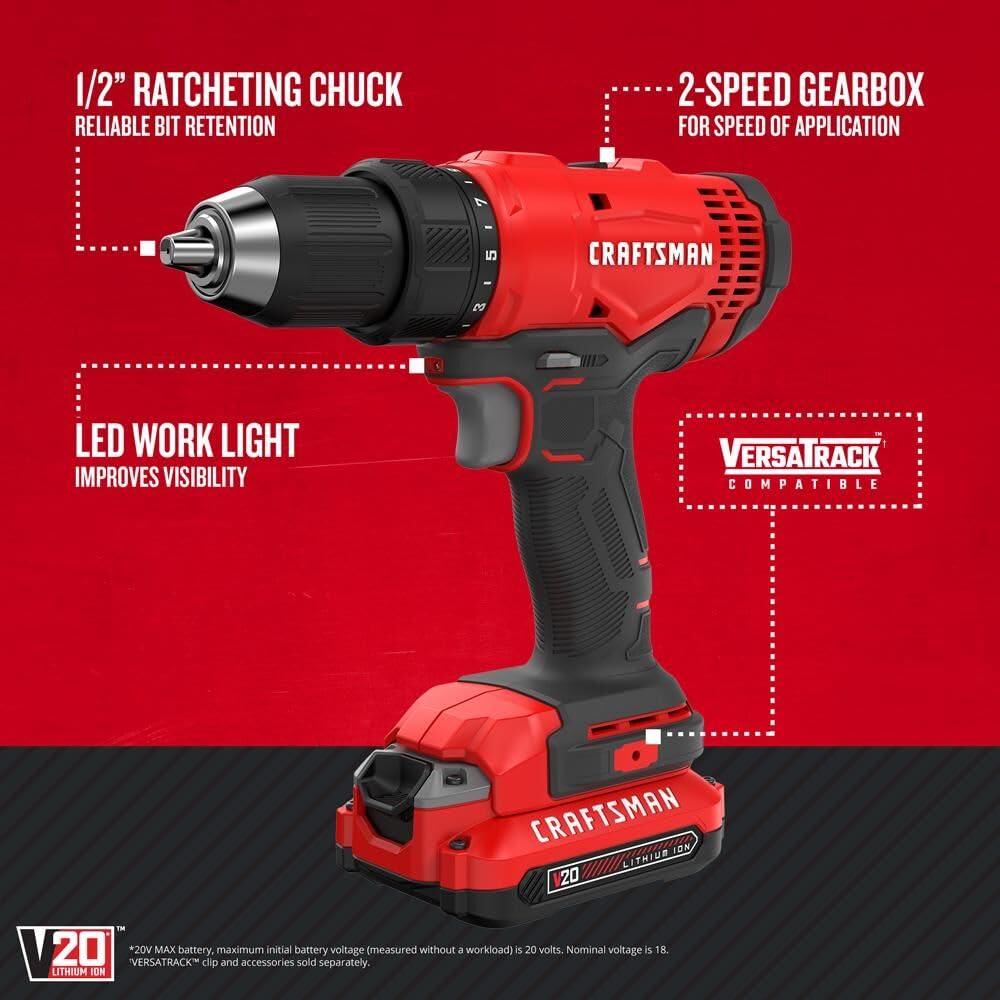 CRAFTSMAN V20 Cordless Drill/Driver Kit, 1/2 inch, Battery and Charger Included (CMCD710C2)