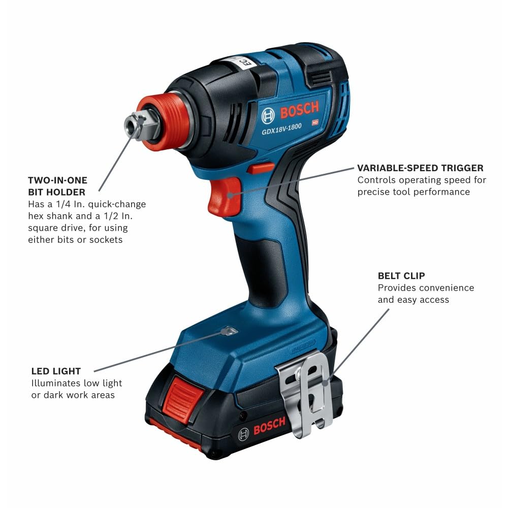 BOSCH GXL18V-233B25 18V 2-Tool Combo Kit with 1/2 In. Hammer Drill/Driver, Two-In-One 1/4 In. and 1/2 In. Bit/Socket Impact Driver/Wrench and (2) CORE18V® 4 Ah Advanced Power Batteries