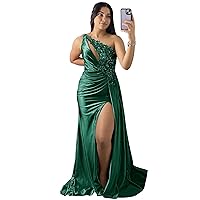 Emerald Green Bridesmaid Dresses One Shoulder Sequin Applique Mermaid High Slit Long Evening Gowns for Women 2024