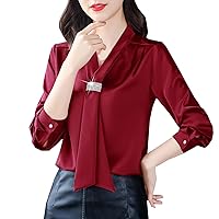 Cromoncent Silk Blouses for Women Scarf Tie Long Sleeve Dressy Casual Office Work Satin Shirts