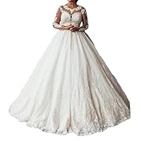 Plus Size Round Neck Princess lace Women Ball Gown Wedding Dresses for Brides with Long Sleeves Train