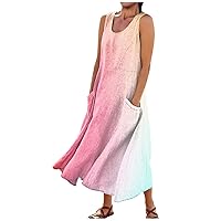 Summer Outfits Women Sundresses for Women 2024 Gradient Color Casual Fashion Y2k Loose Fit with Sleeveless U Neck Pockets Dress Pink Small