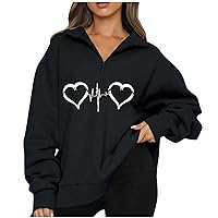 Oversized Sweatshirts for Women Heart Graphic Pullover Half Zip Athletic Fit No Hood Sweatshirt Trendy Y2K Shirts