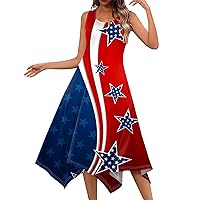 American Flag Dresses for Women 4th of July Casual Fashion Round Neck Sleeveless Irregular Hem Midi Dress