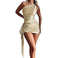 Women's Casual Ruched Asymmetrical Hem Backless Party Dress One Shoulder Sleeveless Fashion Skinny Dresses