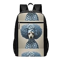 Blue Poodle Polka Dot Print Simple Sports Backpack, Unisex Lightweight Casual Backpack, 17 Inches