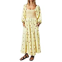 Womens Flower Embroidered Maxi Dress Puff Sleeve Square Neck Tiered Flowy Spring Fall Loose Casual Dress