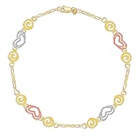 14K Tri-color Gold Heart and Swirl Anklet