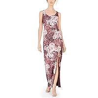 Adrianna Papell Womens Purple Slitted Ruched Floral Sleeveless Scoop Neck Maxi Evening Dress 16