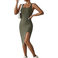 Milumia Women's Square Neck Rib Knit Bodycon Dresses Split Thigh Petite Sleeveless Midi Tank Dress