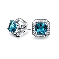 2CT London Blue Cubic Zirconia CZ Halo Square Earring Jacket Princess Cut Stud Earrings Simulated Topaz 925 Sterling Silver