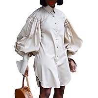 AOMEI Women's Turn-Down Collar Puff Sleeve Casual Shirt Short Dress